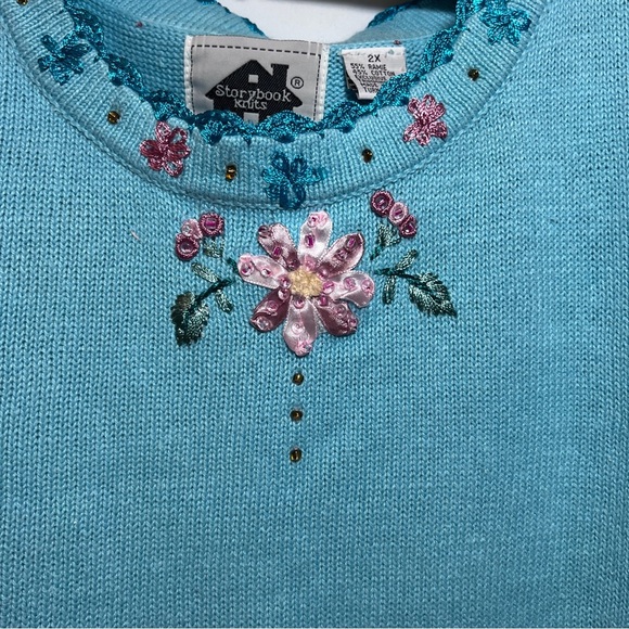 Storybook Knits Vintage Flower Sleeveless Sweater- Turquoise- Size 2X - Picture 3 of 10
